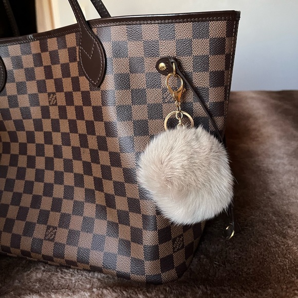 Genuine Rabbit GRAY Fur Ball Pom Pom Keychain for Car Keys Handbag Gold Hardware - Picture 1 of 1